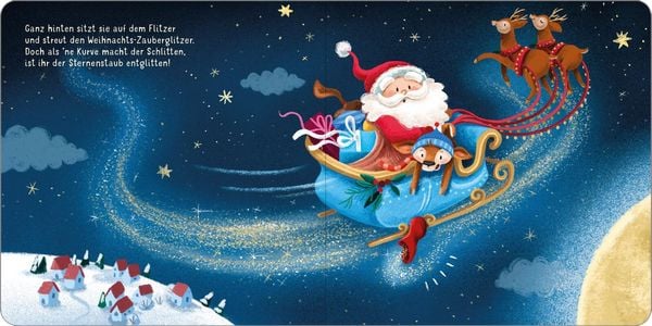 Weihnachtsbuch ab 18 Monaten – Rentier und Schlitten Szene
