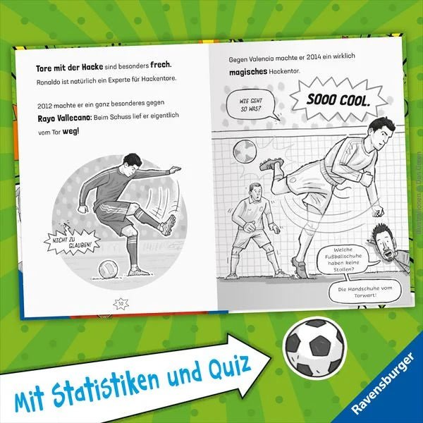 Aufgeschlagenes Fußballbuch Ronaldo mit Bildern und Texten für Kinder
