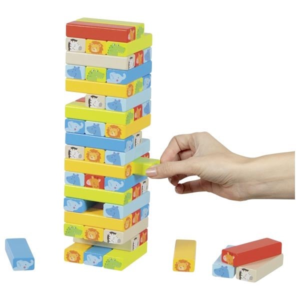 Kinderspiel Wackelturm Holz bunt Goki mit Würfel
