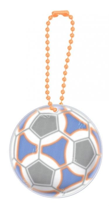 Glimmi Fußball Reflektor für Kinder mit buntem Motiv, sichtbar bis 125 Meter, ideal für Jacken und Schulranzen.
