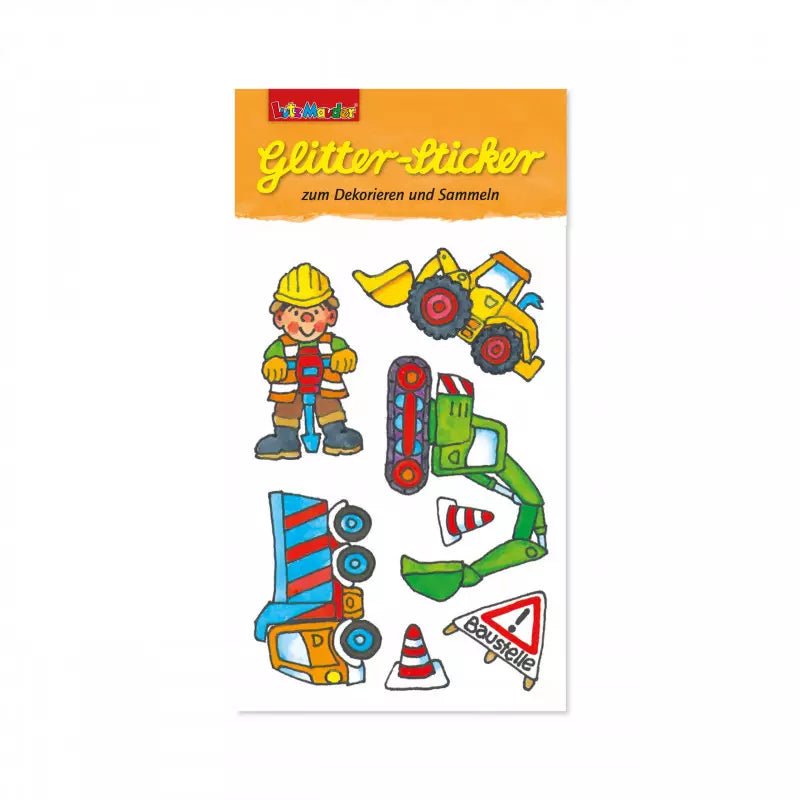 Glitter-Sticker Baustelle mit Bauarbeiter und Fahrzeugmotiven
