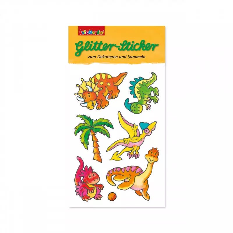 Glitter-Sticker Dinosaurier mit bunten Dino-Motiven auf weißem Hintergrund
