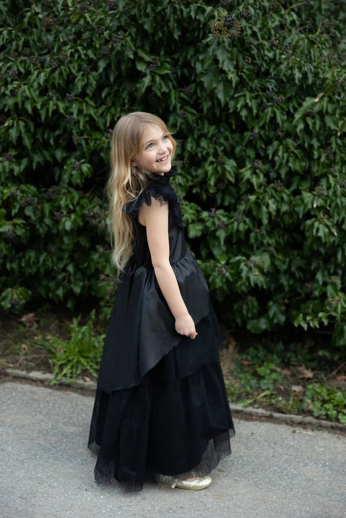 Hexenkleid Kinder 9–10 Jahre schwarz mit Knöpfen und Tüllärmeln