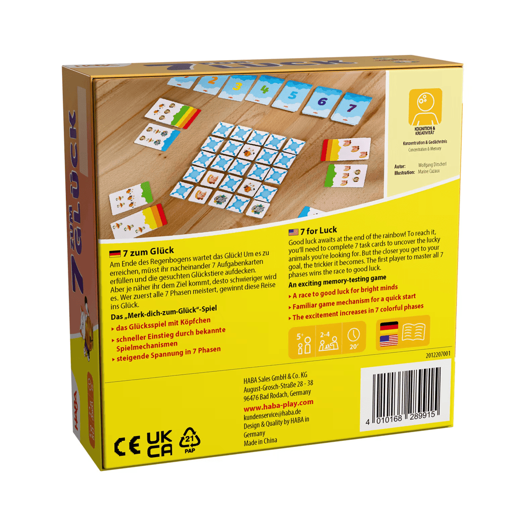HABA Spiel 7 zum Glück auf Tisch mit Spielkarten – Familienspiel ab 5 Jahren Rückseite der Verpackung