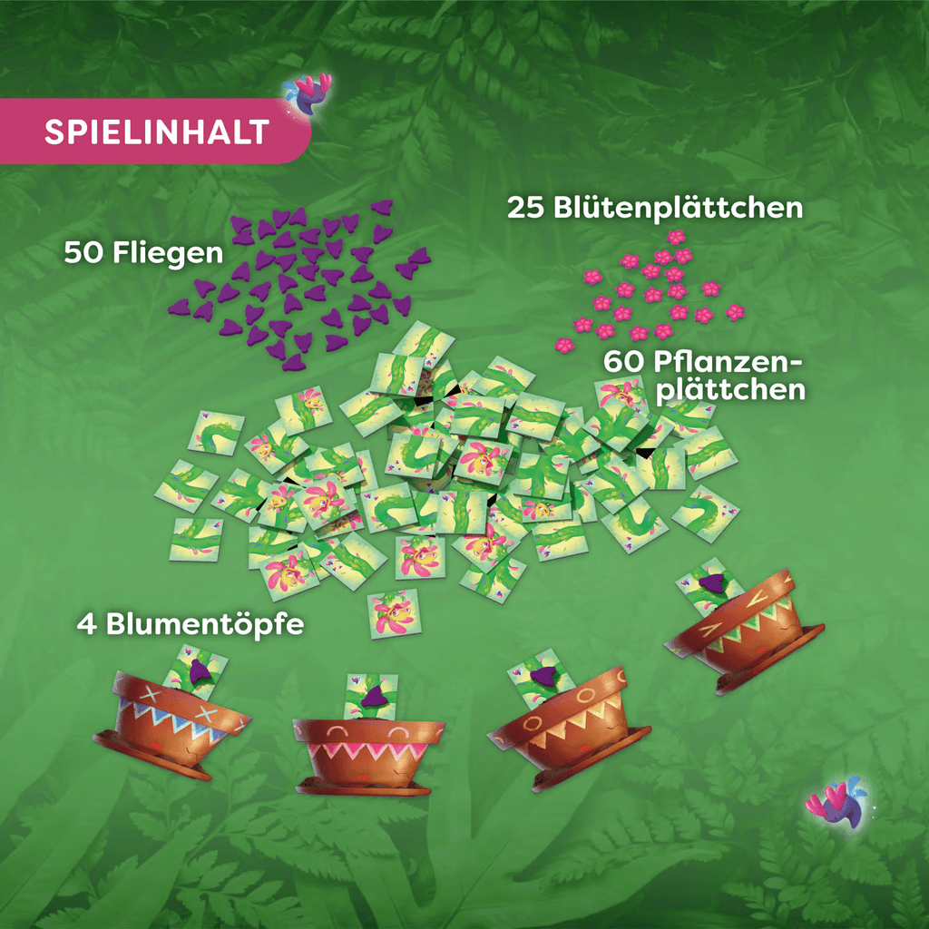 HABA Carni Flora Blumentöpfe und Blütenplättchen im Spielaufbau
