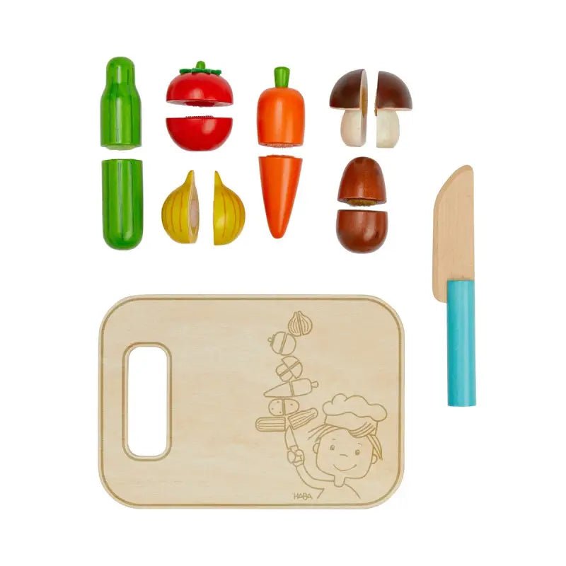 Holz Gemüseset von HABA mit Klettverbindungen zum Zerteilen ideal für Spielküche Kaufladen und Feinmotorik
