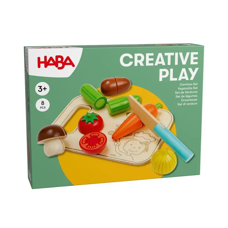 HABA Creative Play Gemüseset aus Holz mit Klett zum Schneiden inklusive Holzmesser und Brett für Rollenspiele ab 3 Jahren
