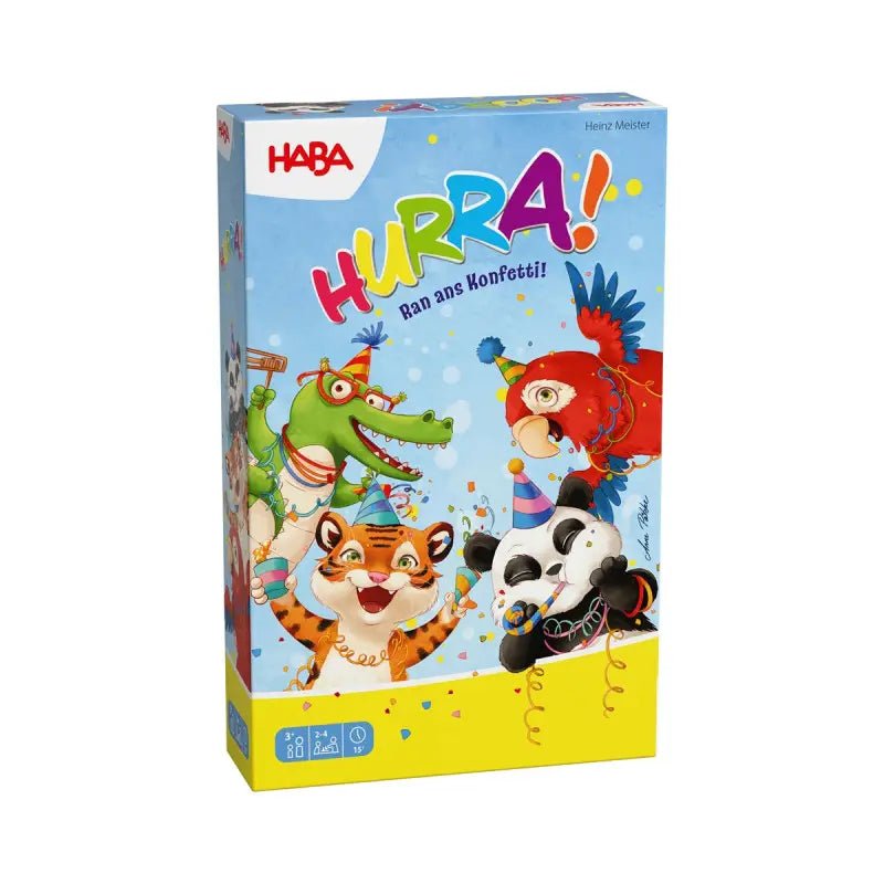 Lernspiel HABA Hurra mit buntem Konfetti und Tierkarten – Holzspiel ab 3 Jahren
