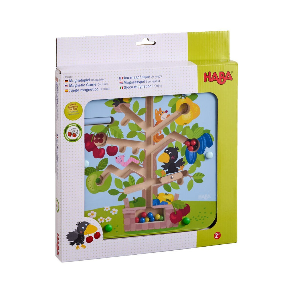 Magnetisches Obstgarten Spiel von HABA mit Äpfeln Birnen Pflaumen und Kirschen zur Förderung der Feinmotorik

