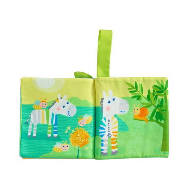 Weiches Babybuch mit Zebra-Motiv und grüner Schlaufe
