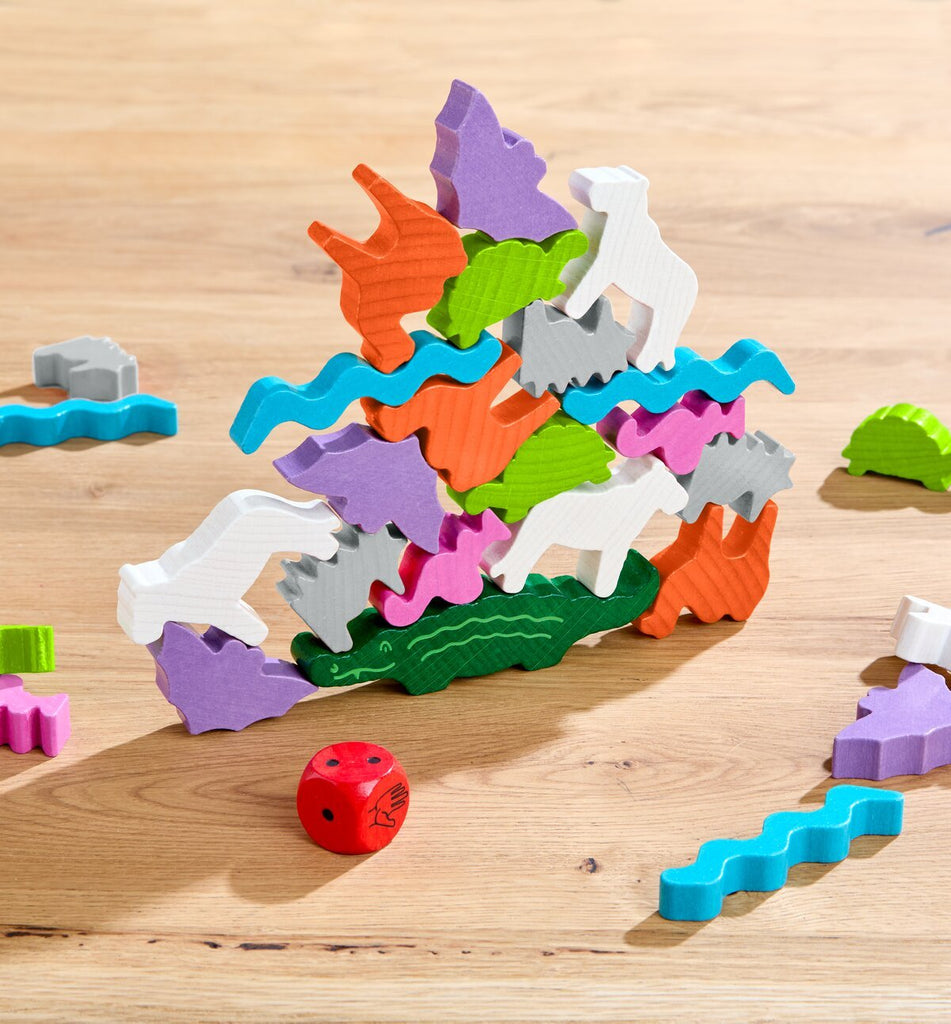 HABA Tier auf Tier Deluxe mit Wippe & 30 Holztieren – Stapelspiel ab 4 Jahren