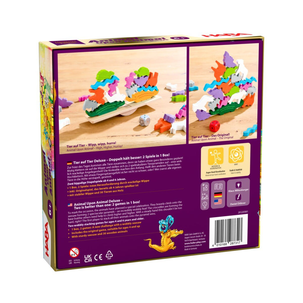HABA Tier auf Tier Deluxe mit Wippe & 30 Holztieren – Stapelspiel ab 4 Jahren