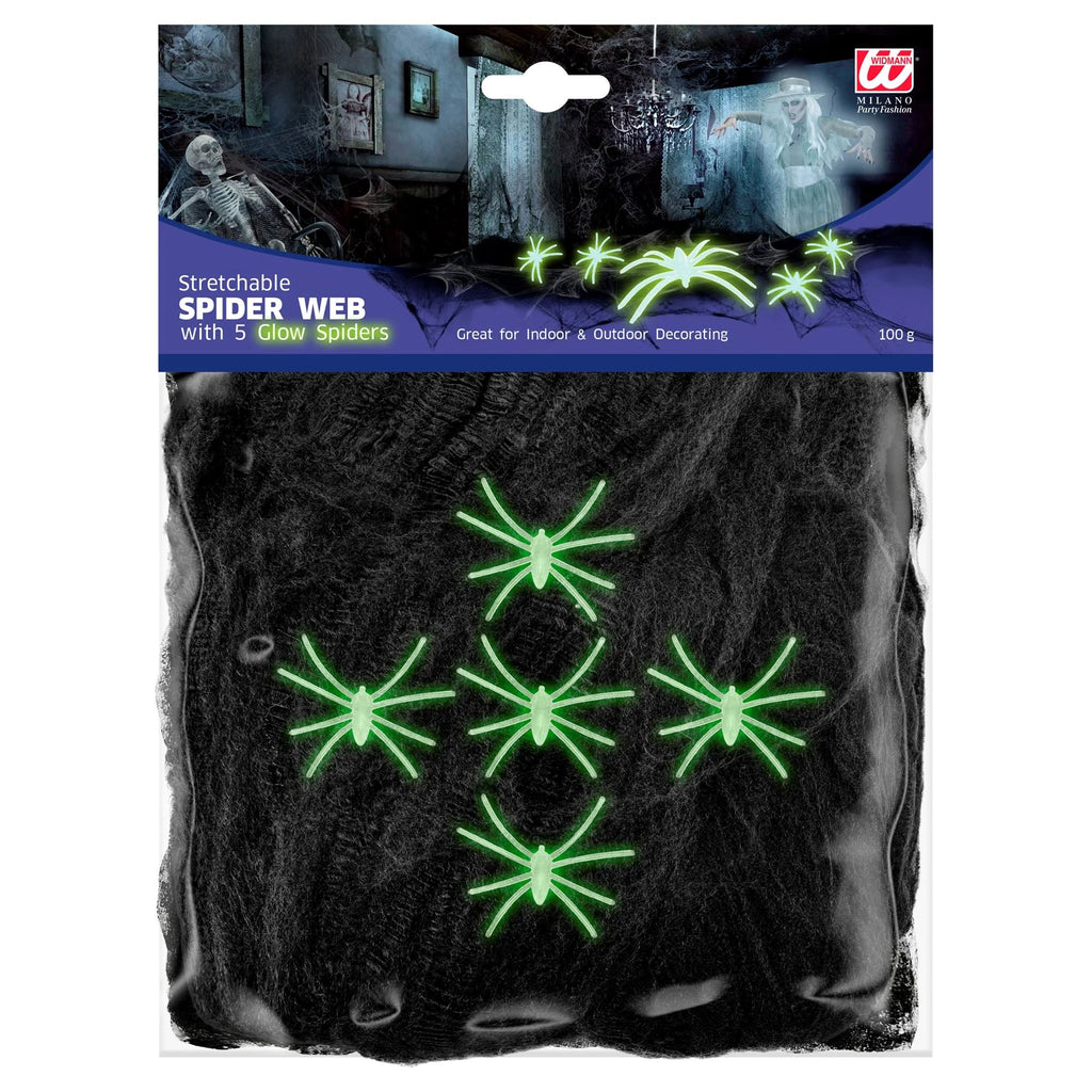 Widmann Halloween Spinnennetz schwarz 100 g mit 5 Spinnen
