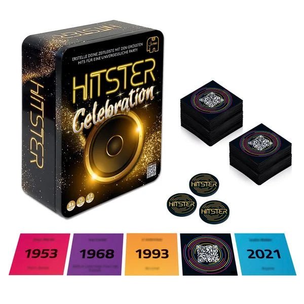 Hitster Celebration Kartenspiel auf Tisch – Musikspiel für Erwachsene
