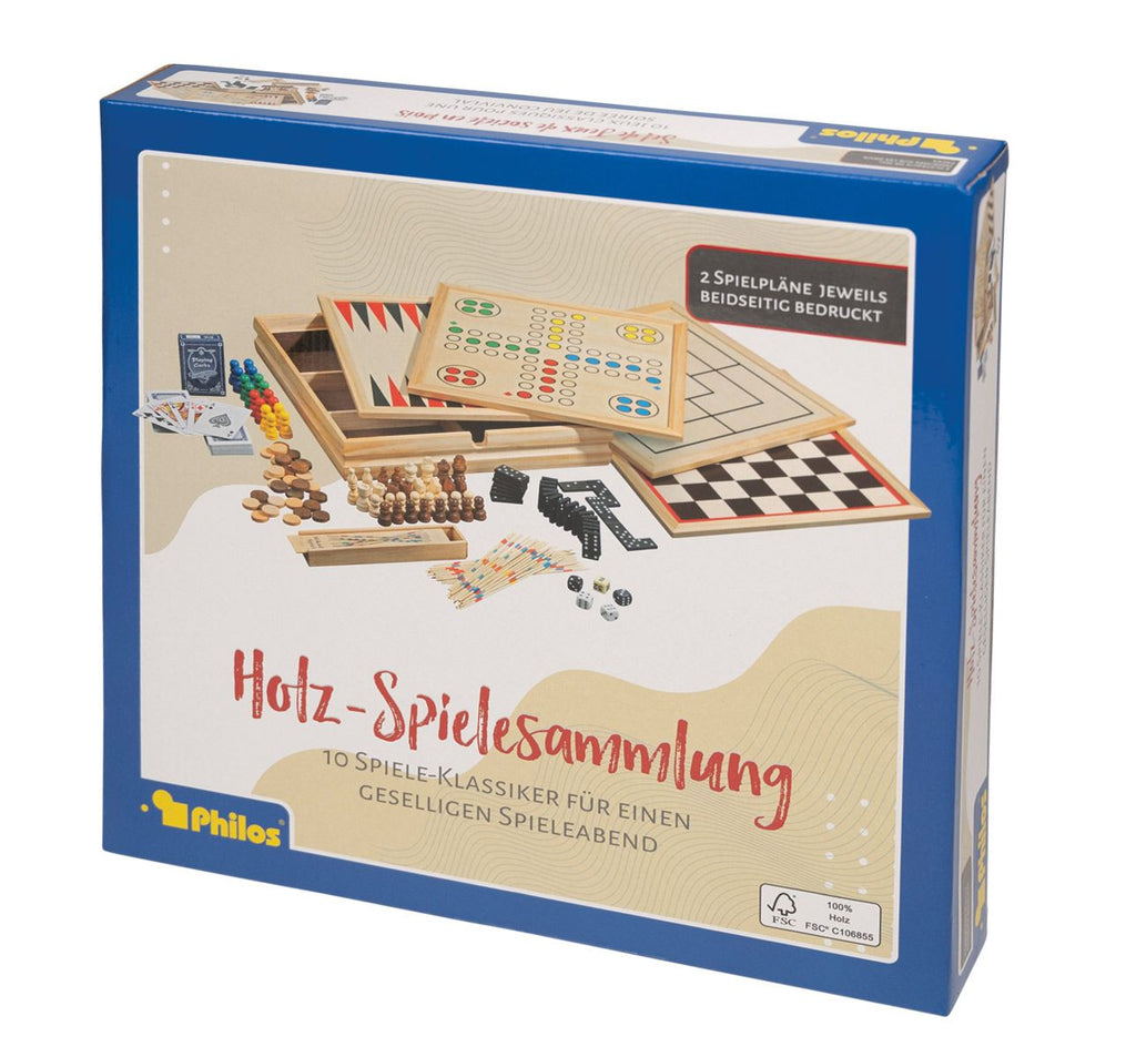 Holz Spielesammlung 10 in 1 FSC, mit Schach, Backgammon, Dame, Karten & mehr