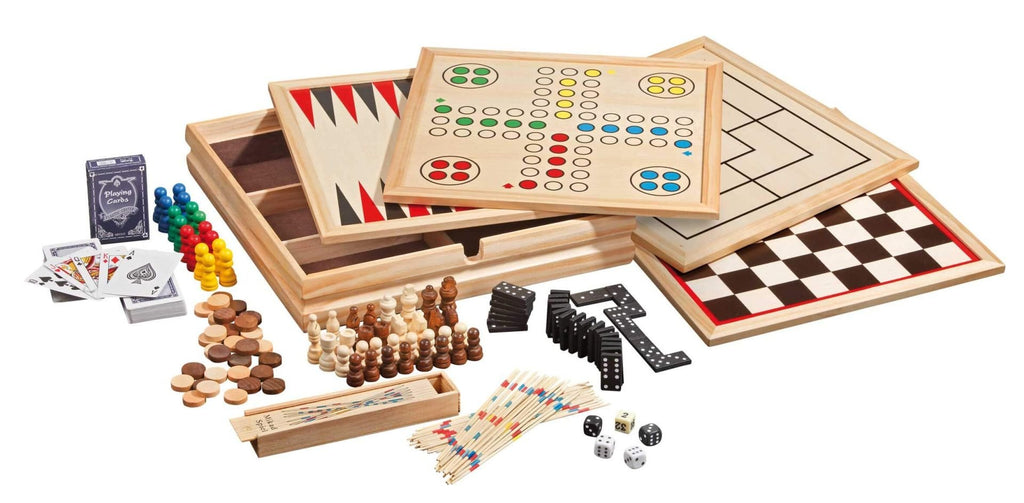 Holz Spielesammlung 10 in 1 FSC, mit Schach, Backgammon, Dame, Karten & mehr