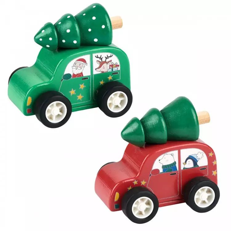 MOSES Holz-Weihnachtsflitzer mit Rückziehmotor in Rot oder Grün