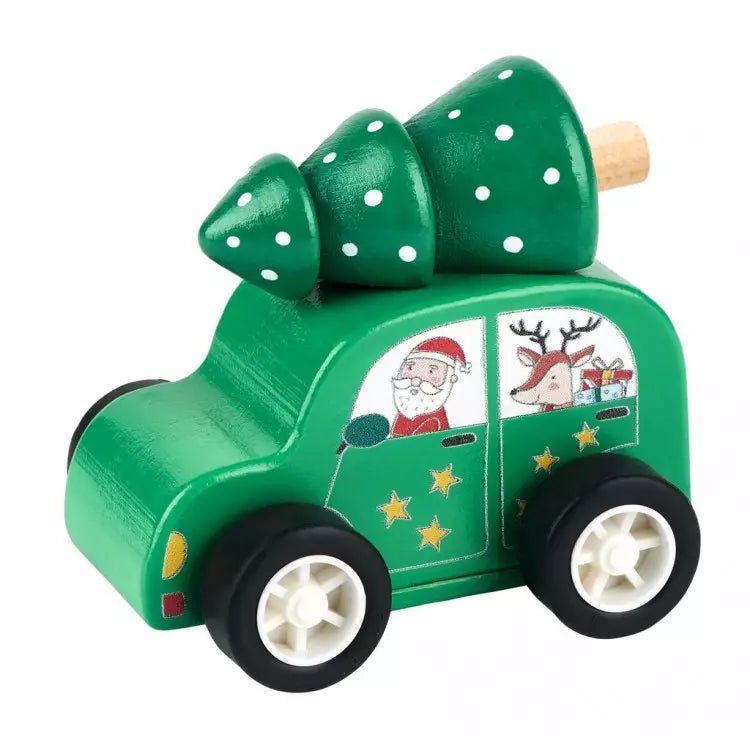 Weihnachtliches Holzauto für Kinder mit Tannenbaum auf dem Dach