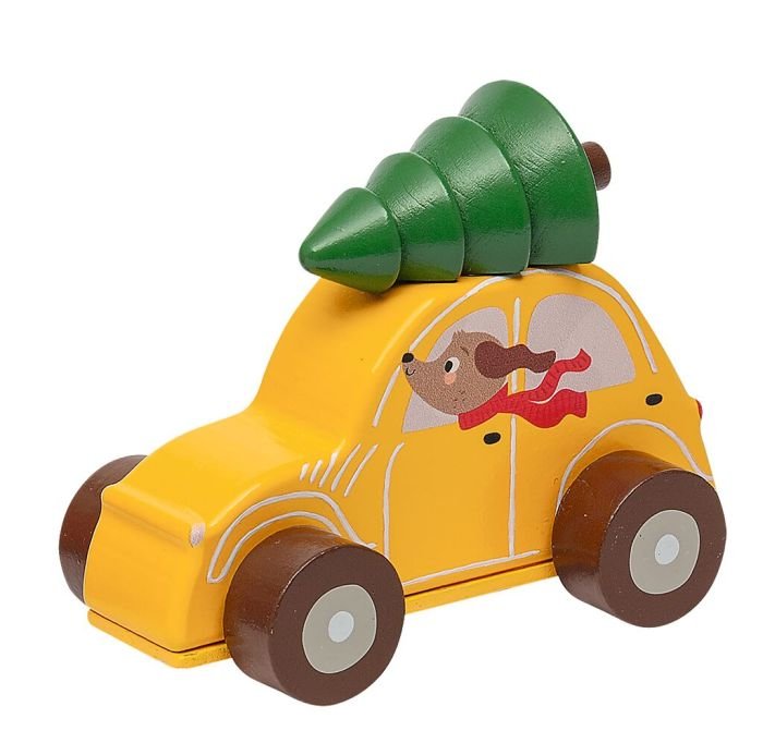 Holzauto Weihnachten rot mit Tannenbaum als Rückziehspielzeug
 in gelb