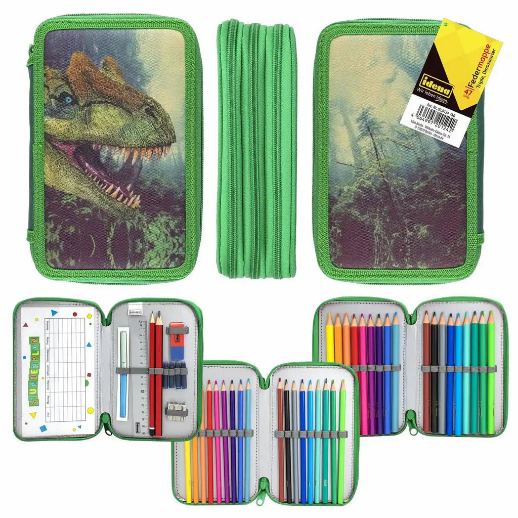 Idena Schulmäppchen grün mit 47 Teilen und Dino-Design