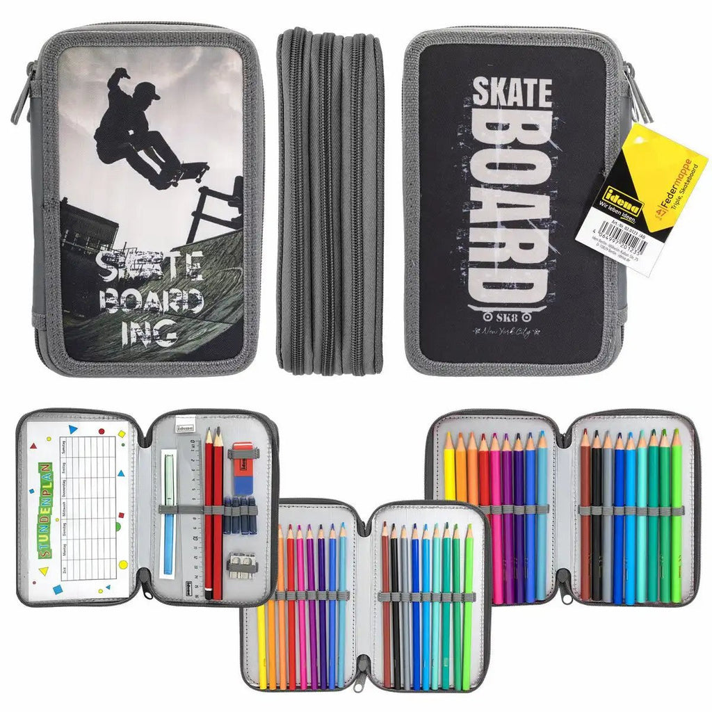 Idena Triple Federmappe Skateboard grau 47-teilig