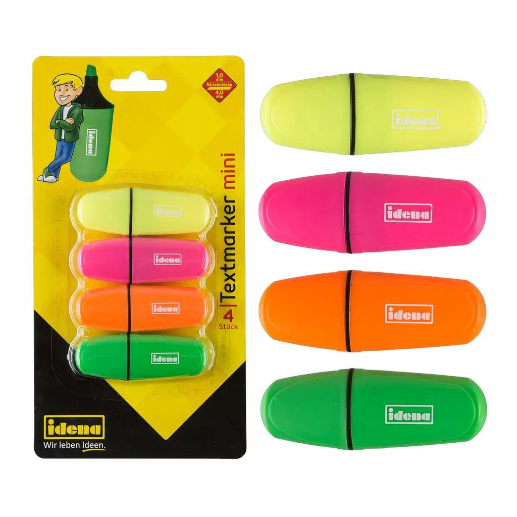Idena Mini Textmarker 4er-Set in Neonfarben für Schule und Büro