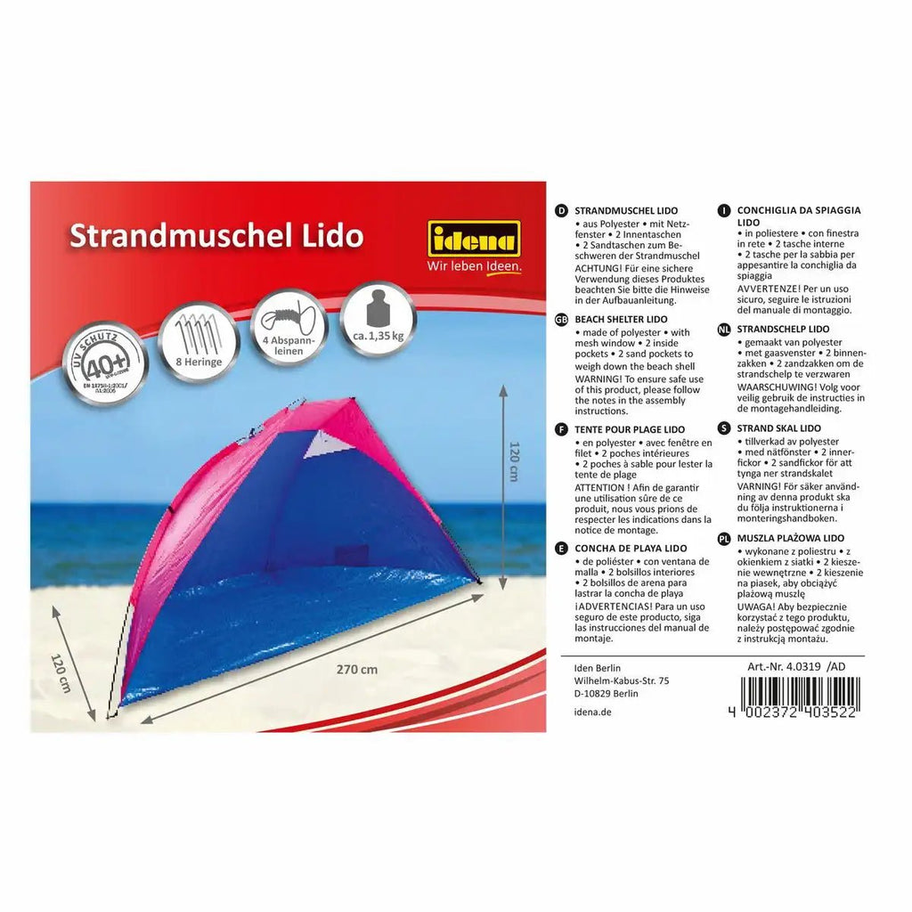 Idena Strandzelt mit UV-Schutz Tragetasche Fiberglasgestänge