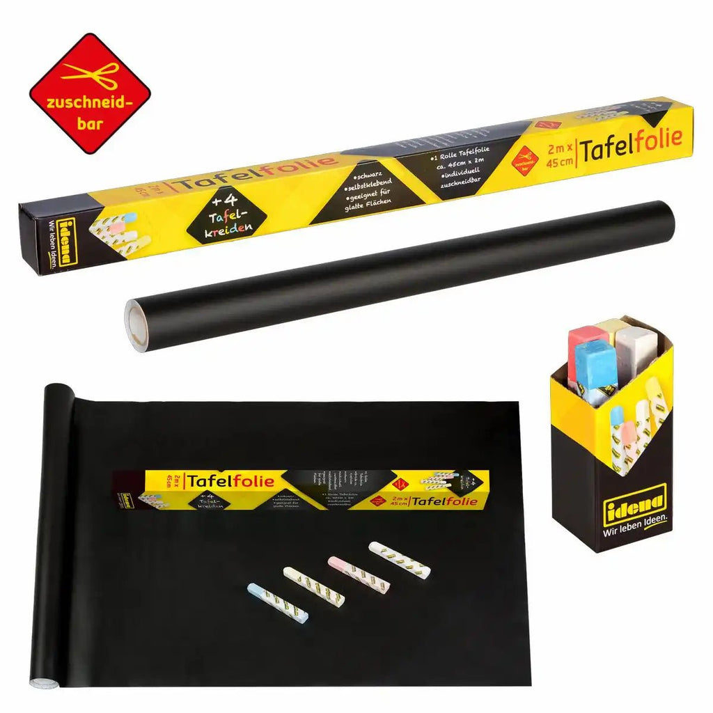 Idena Tafelfolie selbstklebend schwarz 45x200 cm mit 4 Kreiden