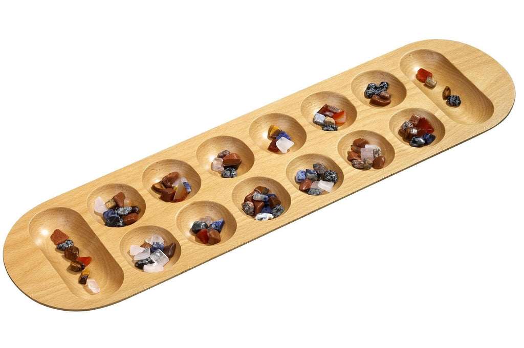 Kalaha Spiel aus Buchenholz mit Natursteinen, hochwertiges Strategiespiel