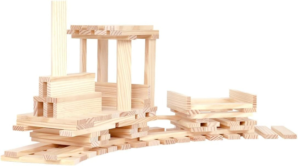 KAPLA Holzbox mit 100 Bausteinen und Bauideen auf dem Deckel
