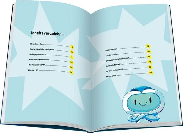Aufgeschlagenes Sachbuch KI und du mit Übungen und Illustrationen