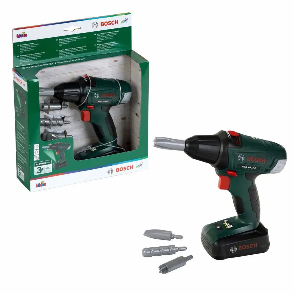 Bosch Kinder-Akkuschrauber Spielzeug auf weißem Hintergrund
