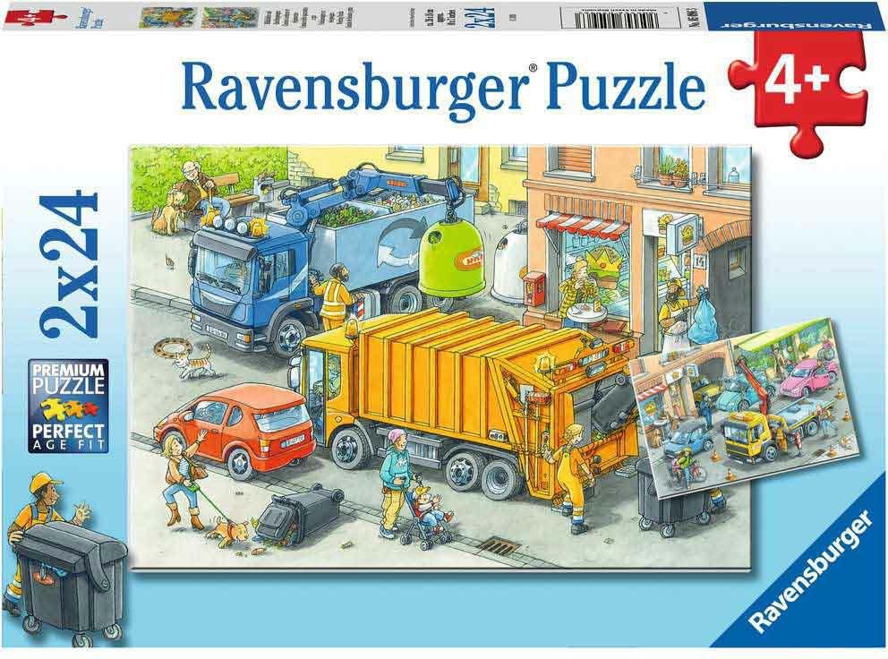 Kinderpuzzle 2x24 - Müllabfuhr und Abschleppwagen - Ravensburger