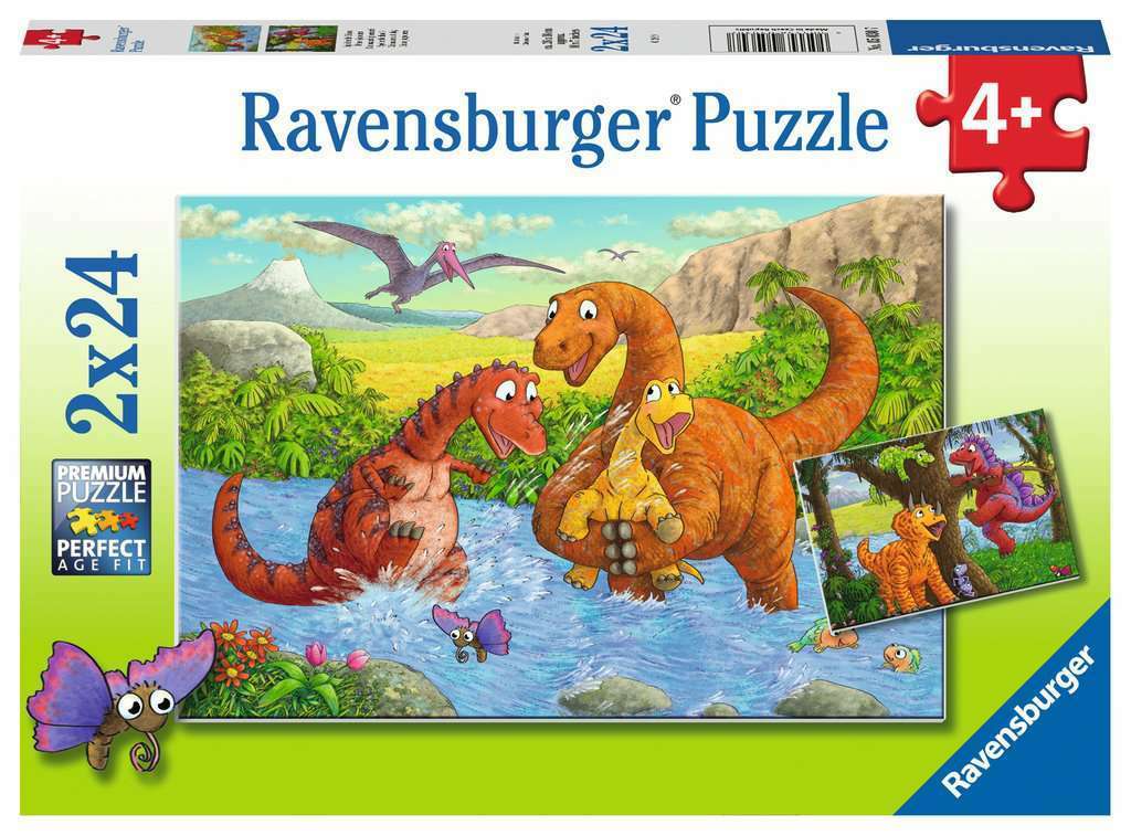 Kinderpuzzle 2x24 - Spielende Dinos - Ravensburger