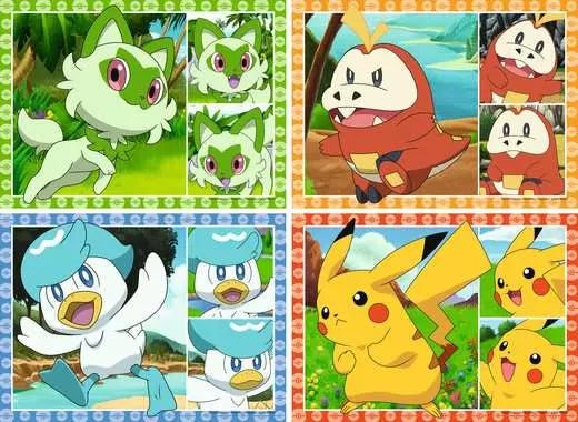 Die 35-teiligen Pokémon-Puzzles Pikachu, Krokel, Felori und Kwaks sind ausgebreitet