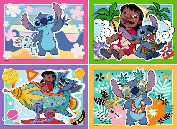 Vier Poster mit Stitch-Motiven als Puzzlehilfe
