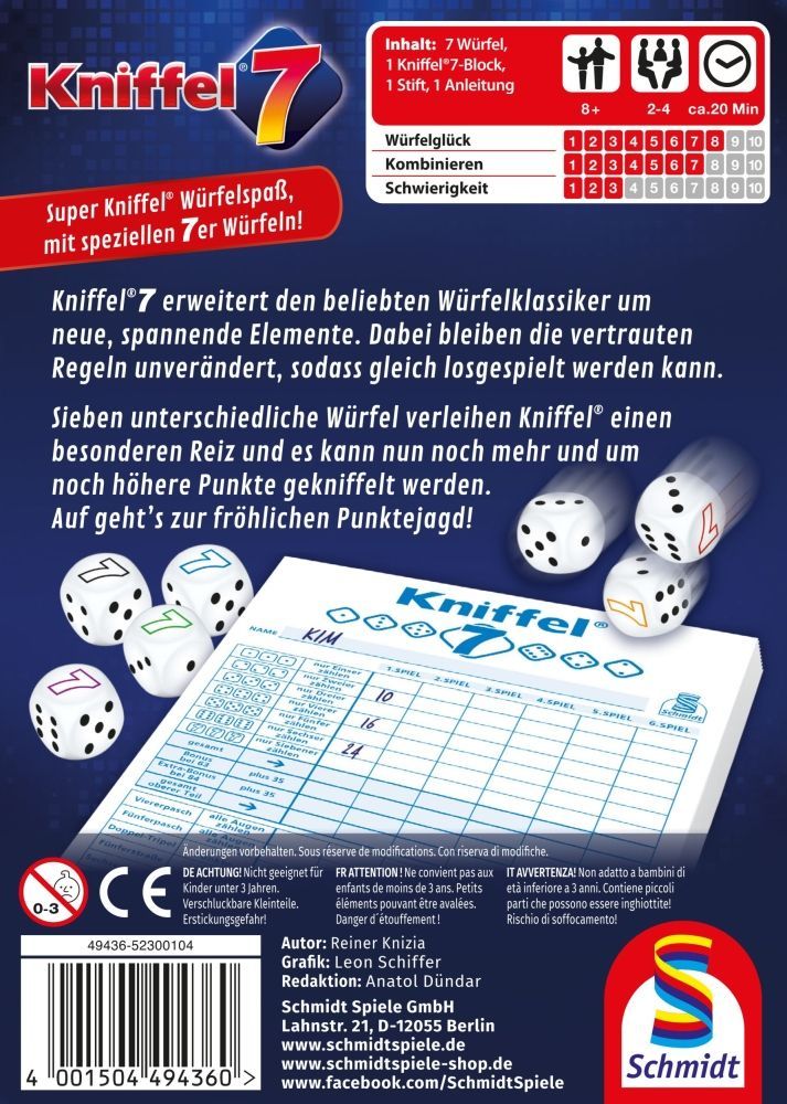 Kniffel 7 Würfelspiel mit neuen 7er-Würfeln für Kinder und Familien ab 8 Jahren