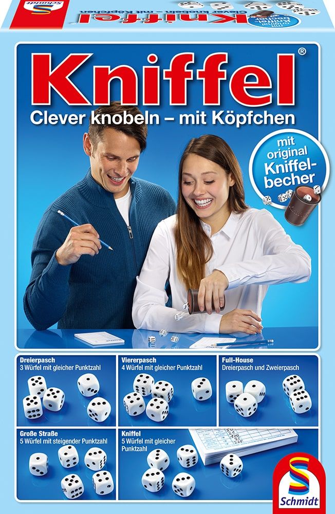 Kniffel Würfelspiel mit original Becher und Spielblock