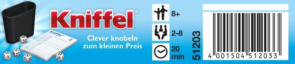 Kniffel Reisespiel in Metalldose mit Würfeln und Becher, ideal für unterwegs
