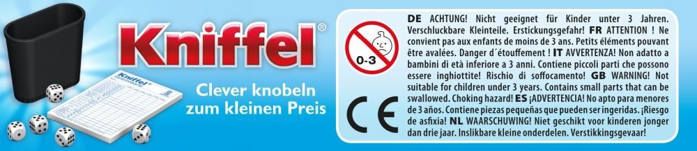 Kniffel Reisespiel in Metalldose mit Würfeln und Becher, ideal für unterwegs