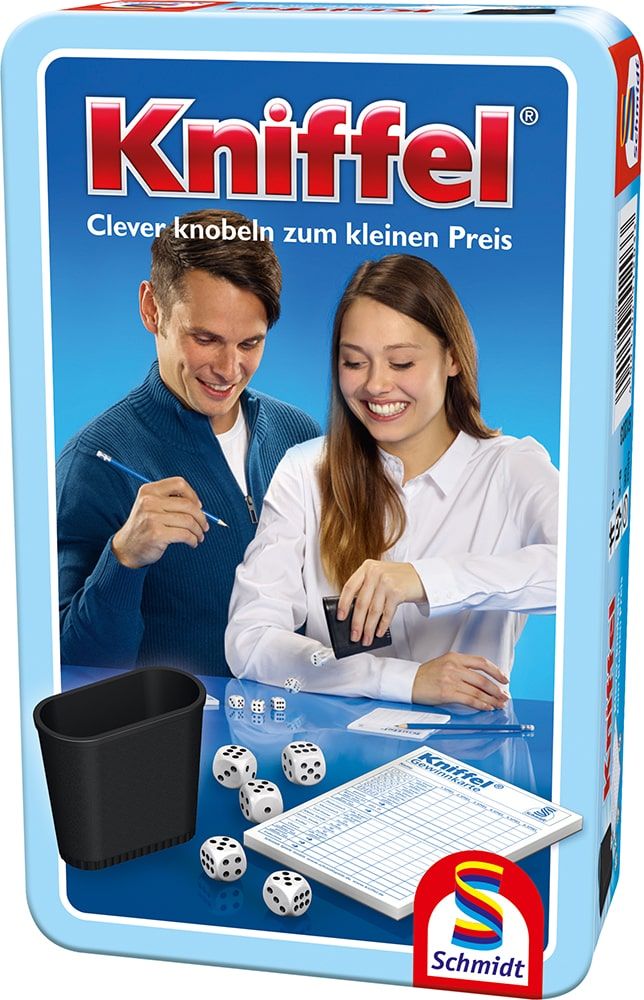 Kniffel Reisespiel in Metalldose mit Würfeln und Becher, ideal für unterwegs