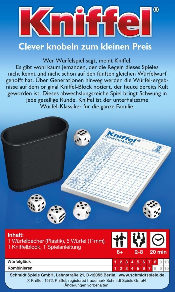 Kniffel Reisespiel in Metalldose mit Würfeln und Becher, ideal für unterwegs