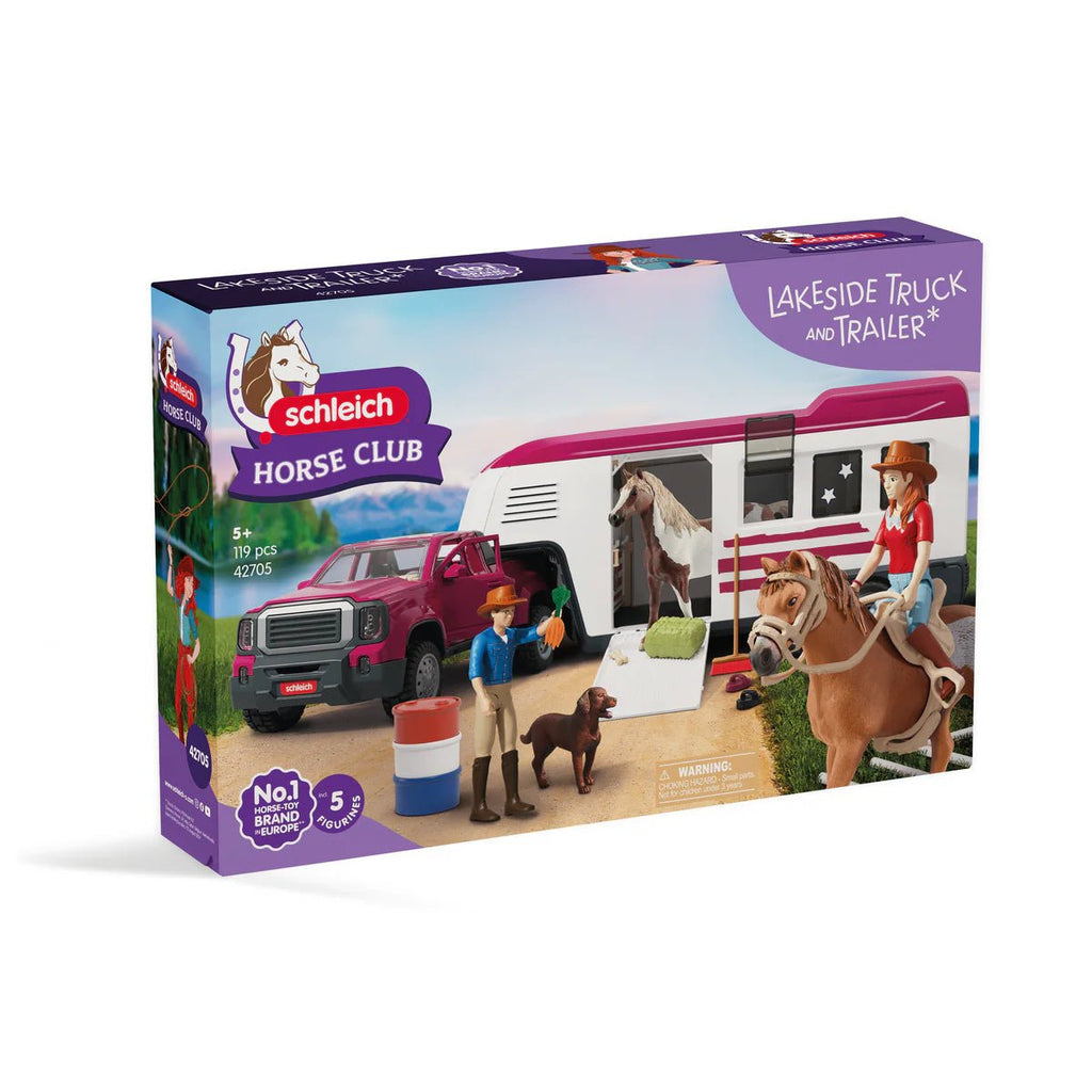 Verpackung Schleich Lakeside Truck mit Pferdeanhänger auf weißem Hintergrund
