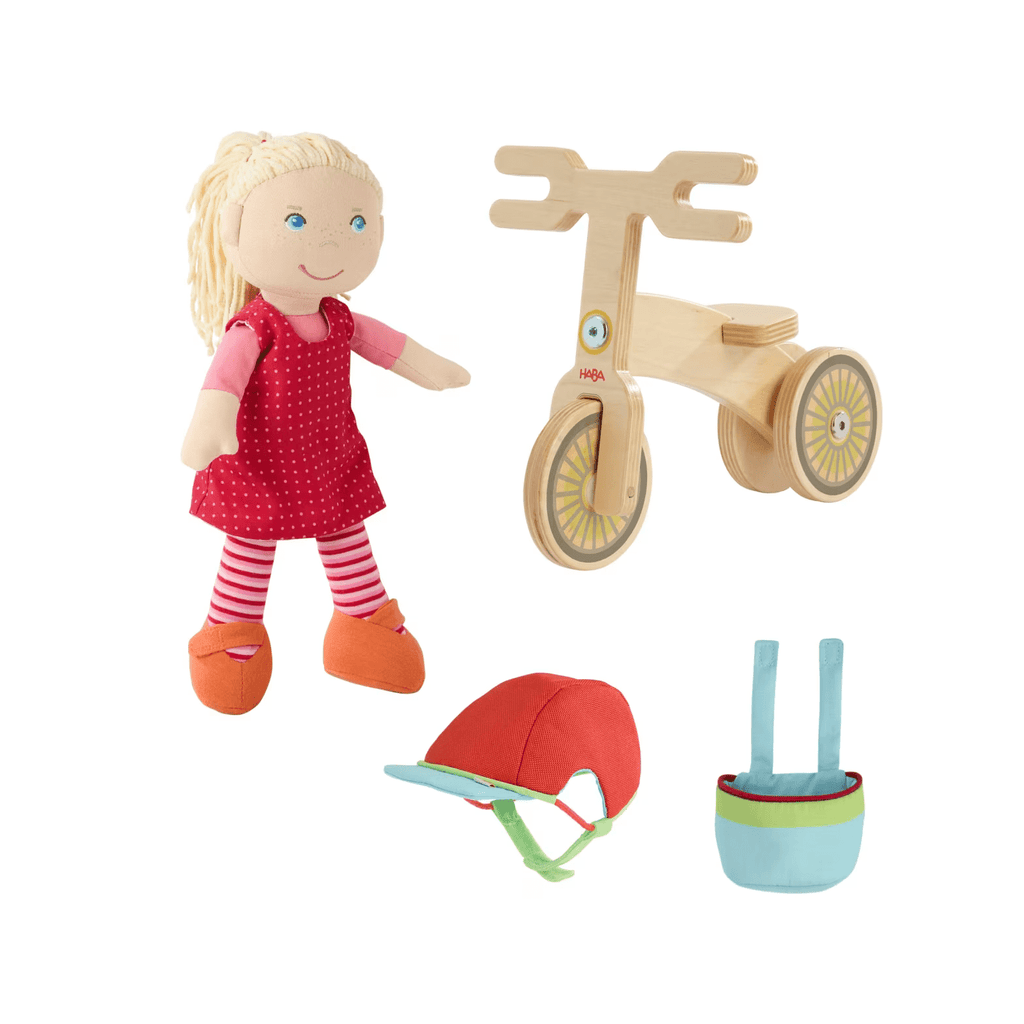 Holz-Laufrad Set Annelie mit Puppe Helm und Fahrradkorb
