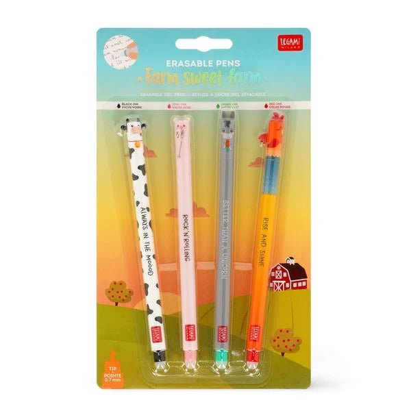 Legami Farm Sweet Farm Gelstift Set 4er – löschbare Stifte in bunten Farben Verpackung