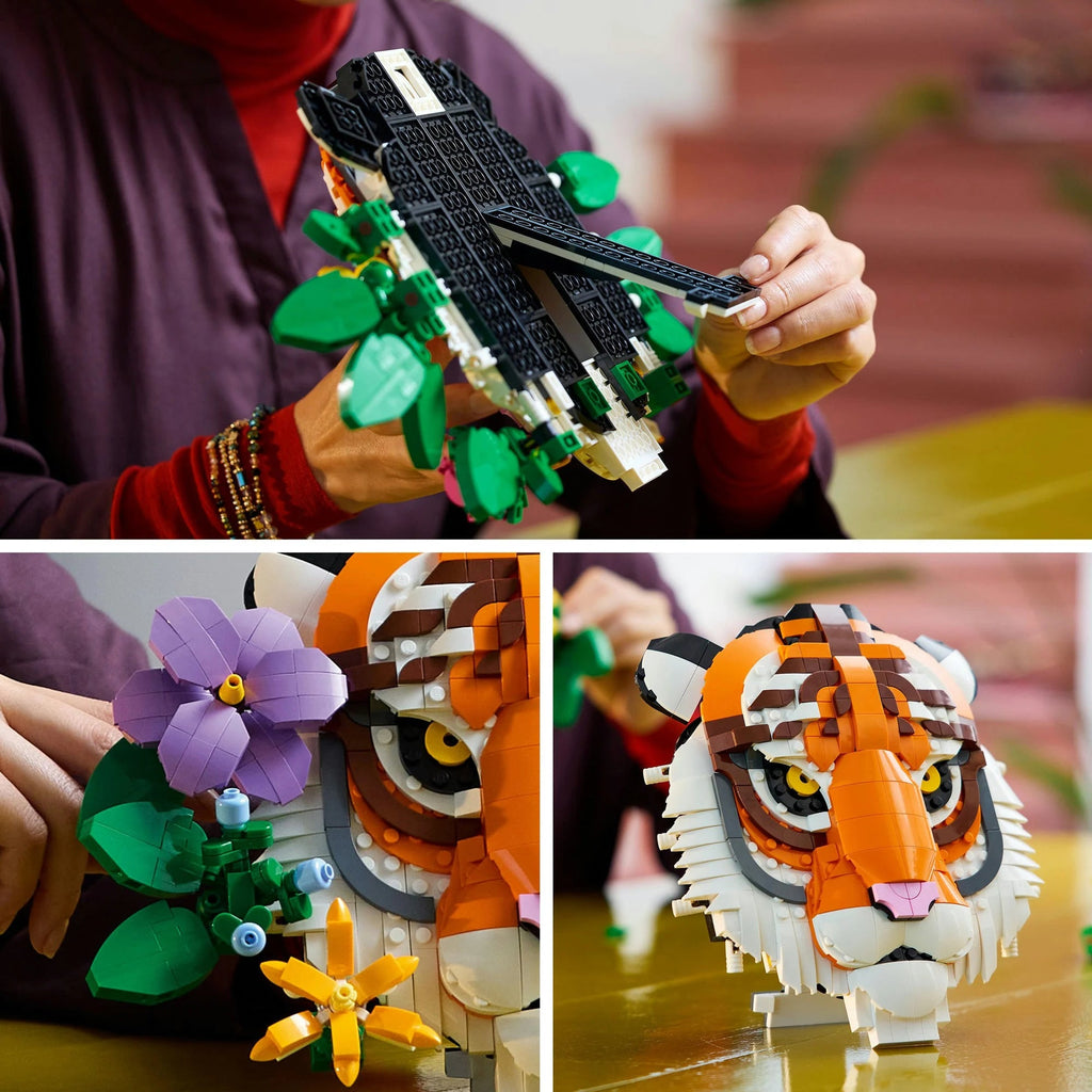 Tigerbild als LEGO Wanddeko mit anpassbaren Blumen