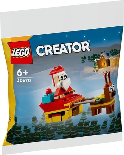 LEGO Set 30670 mit Schlitten, Geschenk und Weihnachtsmann auf weißem Hintergrund
