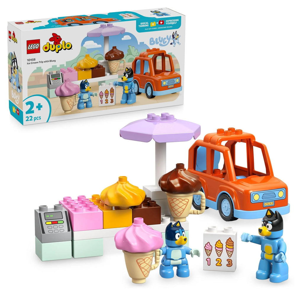 LEGO DUPLO Bluey Eisdiele mit Bluey und Papa Heeler vor der Theke
