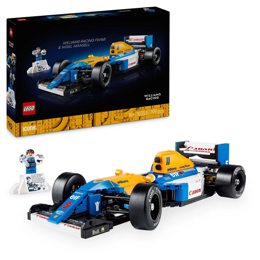 LEGO Icons 10353 Williams Racing FW14B mit Nigel Mansell Minifigur auf Podest
