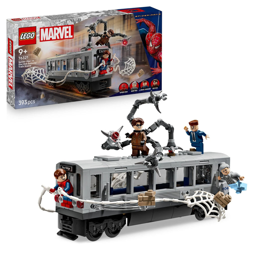 LEGO Marvel Spider-Man U-Bahn Zug mit allen Minifiguren aufgebaut
